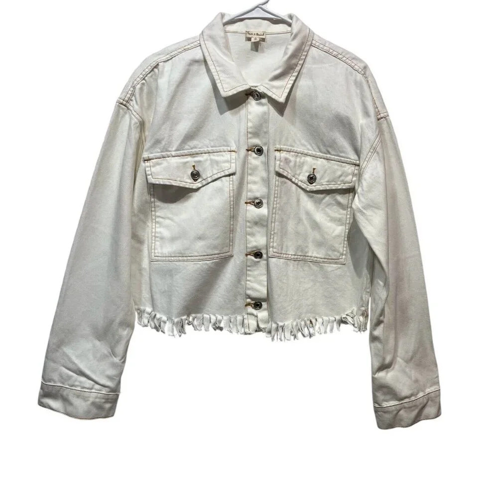 ANTHROPOLOGIE Hem & thread white jean jacket Frayed Hem 100% Cotton Size Large - Picture 1 of 10